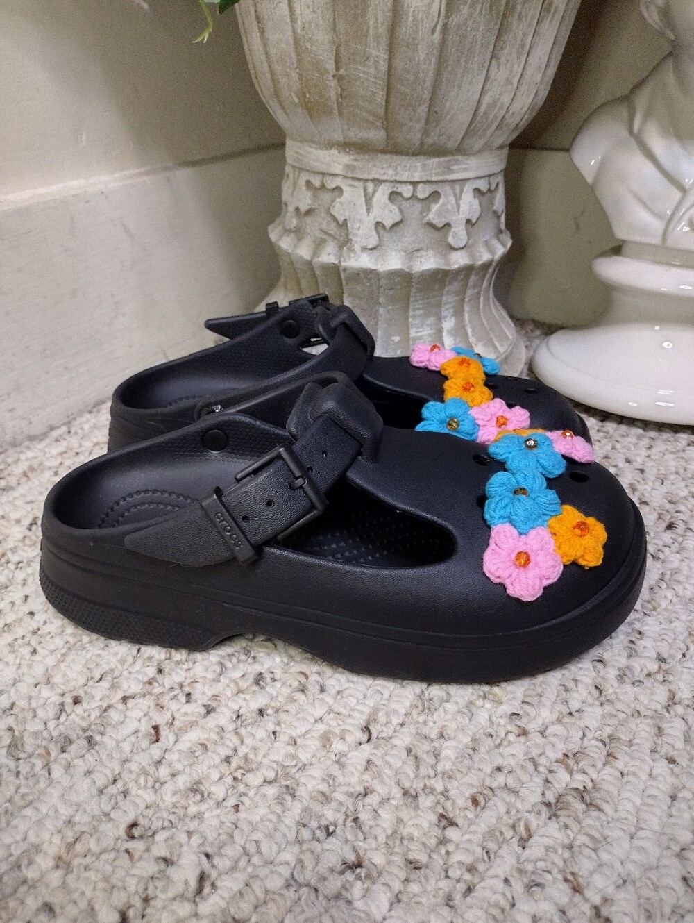CROCS Boho Yarn Flower Decorated Black Mary Jane Clogs